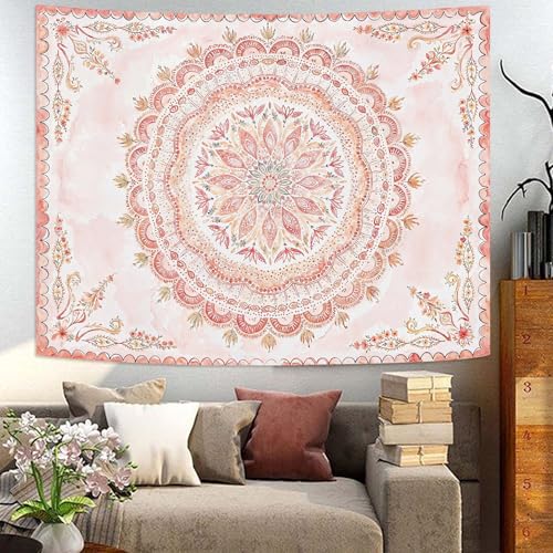 Boho Floral Mandala Tapestry Wall Hanging Pink Bohemian Flower Medallion Tapestry Aesthetic Watercolor Hippie Indian Small Tapestries for Bedroom Living Room Dorm Decor 48 x 36 Inch