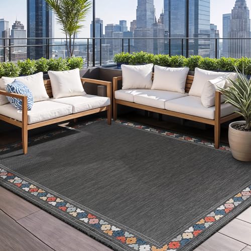 Outdoor Rug 8x10 Modern Bordered Area Rugs for Indoor and Outdoor Patio Easy to Clean Non Shedding Living Room Porch Garden Washable Outside Carpet