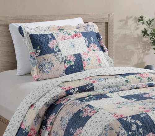 Pink Rose & Blue Toile Patchwork Quilt Set