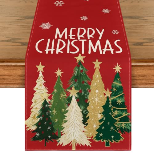 Red Xmas Trees Table Runner Home Party Decor 13x60 Inch
