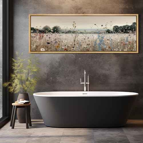 Large Framed Canvas Print Wall Art Wildflower Meadow Landscape Blooming Field Illustrations Antique Retro Fine Art Illustrations Decorative Colorful for Bedroom