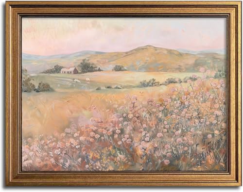 Vintage Wildflower Printing Gold Framed Wall Art Pink Flowers Landscape Canvas Artwork Natural Mounatin Pictures For Living Room Bedroom Apartment Decoration