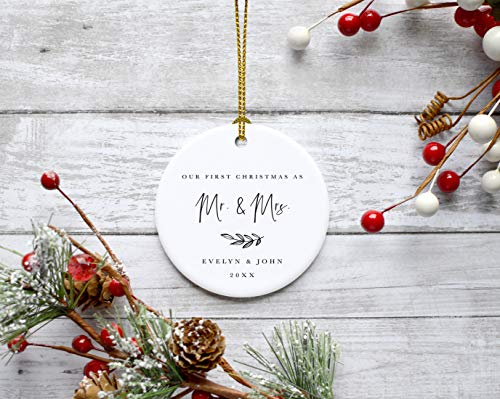 Personalized Wedding Round Ceramic Porcelain Christmas Tree Ornament Engagement Keepsake Collectible Gift Our First Christmas as Mr. & Mrs