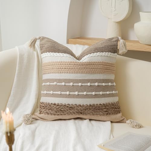 Boho Decorative Throw Pillow Cover 22x22 Square Brown Accent Pillowcase Tassels Farmhouse Cushion for Couch Sofa Bedroom Livingroom Home Décor Cover ONLY