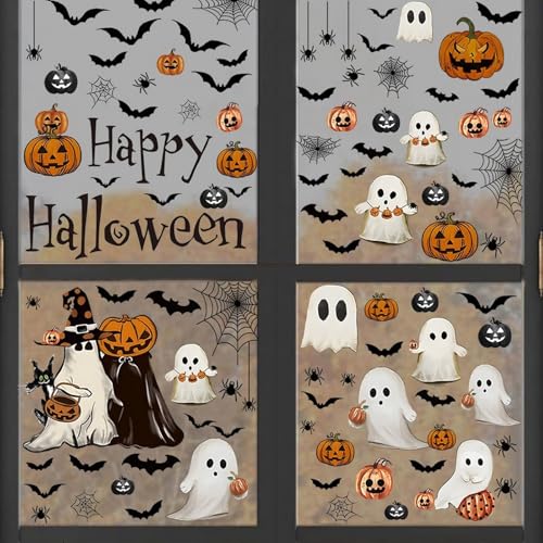 Halloween Ghost Window Clings for Glass 6 Sheets Cute Window Decals Spooky Window Stickers Pumpkin Spider Windows Cling for Halloween Fall Party Home School Office Glass Supplies Decorations (6 Count)