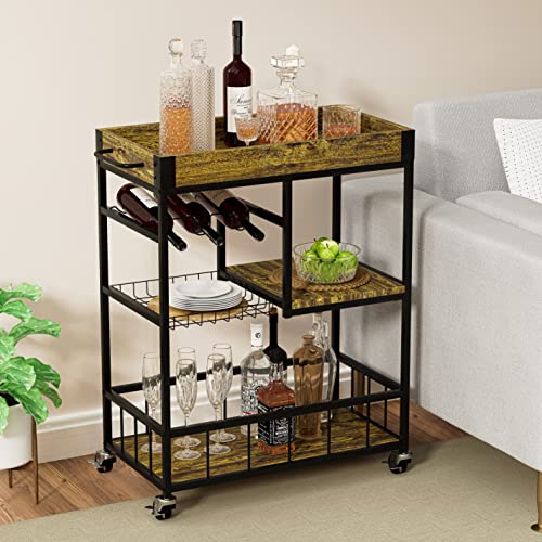 Bar Cart with Basket Wine Rack with Wheels Wood Metal Cart