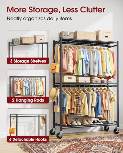 Clothes Rack Double Hanging Rod Clothing Rack with Wheels & Leveling Feet