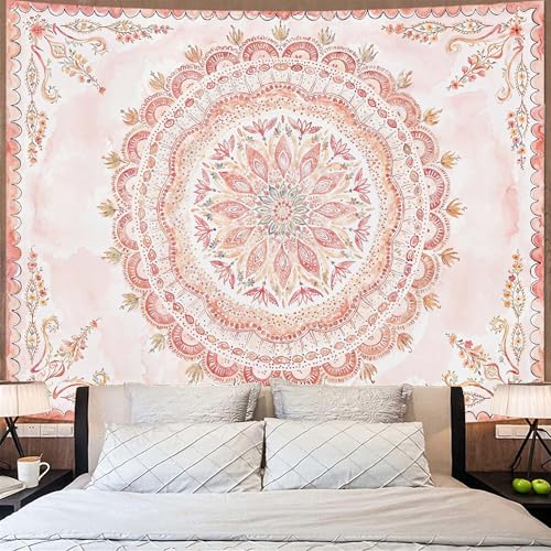 Boho Floral Mandala Tapestry Wall Hanging Pink Bohemian Flower Medallion Tapestry Aesthetic Watercolor Hippie Indian Extra Large Tapestries for Bedroom Living Room Dorm Decor 90 x 68 Inch