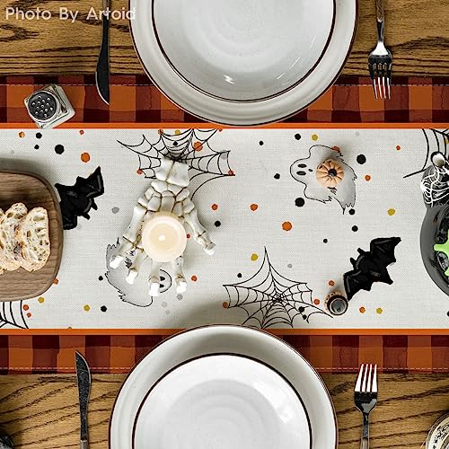 Orange Black Buffalo Plaid Gnome Bat Pumpkin Ghost Halloween Table Runner
