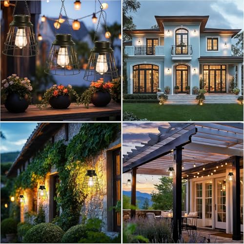 2 Pack Hanging Solar Lights Outdoor Lanterns Waterproof Black Metal (2 Count)
