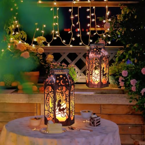 Solar Lanterns Outdoor Waterproof Fairy LED Metal Lantern Candle Glow (2 Count)