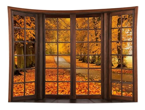 Fall Forest Window Wall Tapestry for Living Room Autumn Maple Tree with Orange Leaves Tapestry Wall Hanging Rustic Vintage Art Decor for Bedroom