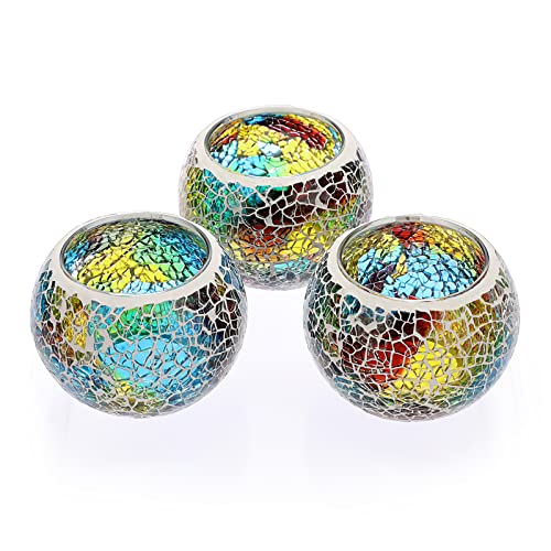 3PCS Mosaic Glass Tea Light Holders Round Bowl Votive Candle Holders