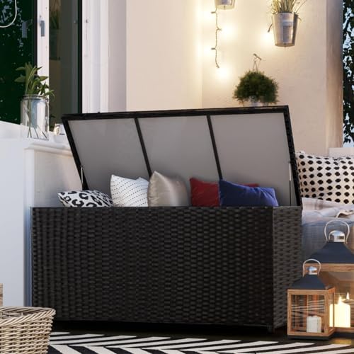 Sundale 70 Gallon Black Rattan Deck Storage Box with Hinged Lid