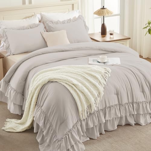 Linen Grey Ruffle Comforter Set Queen Size