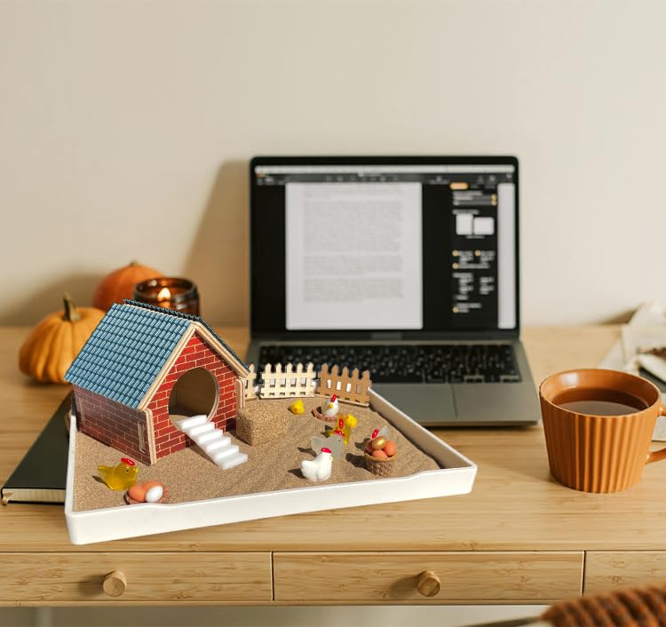 Chicken Zen Garden for Desk with Sand Tray and Mini Coop