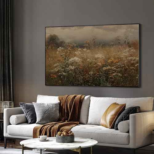 36"x60" Extra Large Framed Wall Art Autumn Meadow Landscape Rustic Brown and Golden Field Illustration for Home Living Room Bedroom Decor