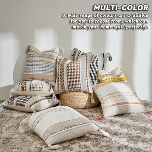 Chenille Striped Tufted Textured Boho Throw Pillow Covers Aesthetic with Tassels Woven Decorative Pillow Case for Couch Bed Sofa Bedroom Modern Funky 18 x 18