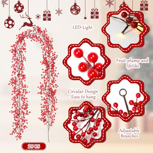 2 Pack 8.9FT Christmas Red Berry Garland with String Lights (2 Count)