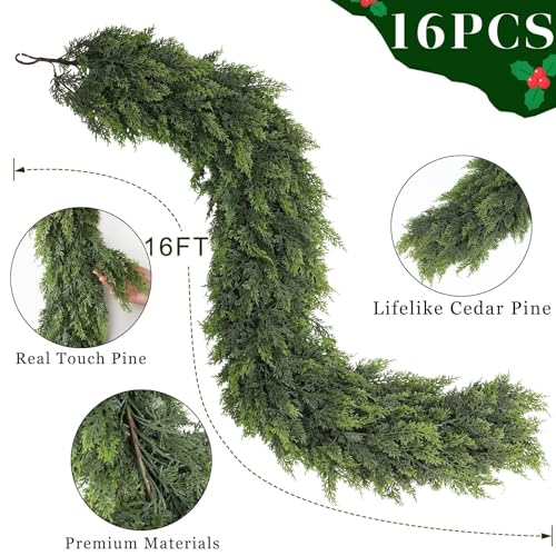 1PCS 16FT Lifelike Touch Fake Cedar Garland for Railing Christmas Decor (16 Foot)