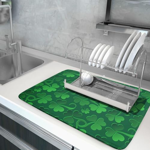 St Patricks Day Dish Drying Mat for Kitchen Shamrocks Absorbent Reversible Microfiber Kitchen Countertop Protector Dishes Pad Large 18x24 inch