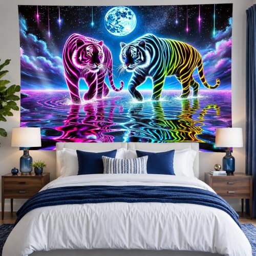 Psychedelic Blacklight Tapestry Banner 79x59 Inch Neon Tapestry Tiger Cosmic Moon Water Reflection Art Aesthetic Bohemian Glow In The Dark Decor Wall Hanging Trippy Vibrant Black Light Tapestries