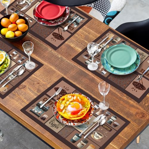 Coffee Theme Placemats Set of 4 Farmhouse Style Brown Linen Fabric Table Mat 12x18 Inch Washable Heat Resistant Non