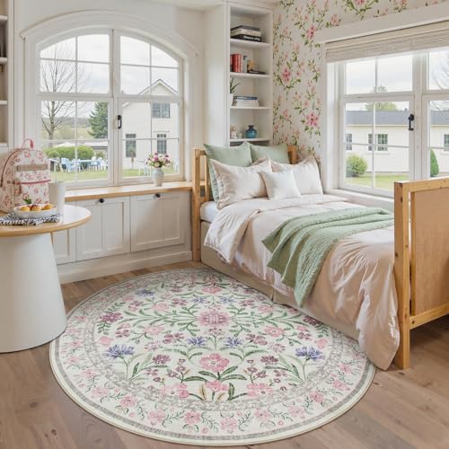Floral Washable Round Rugs 6ft (28.27 Sq Ft)