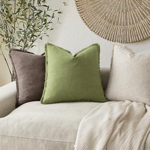 Decorative Linen Fringe Throw Pillow Covers 22×22 Lush Green (2 Count)