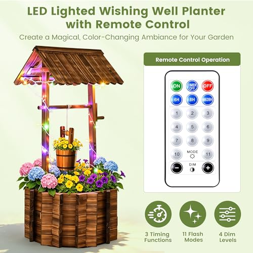 54" Outdoor Wooden Wishing Well Planter with Colorful LED Lights