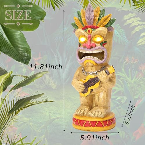 Solar Tiki Garden Statue with LED Eyes Outdoor Resin Ukulele Player Yard Decor Solar Light Hawaiian Style Lawn Ornament for Patio Porch Tiki Bar Decor Best Gift for Tiki Lovers