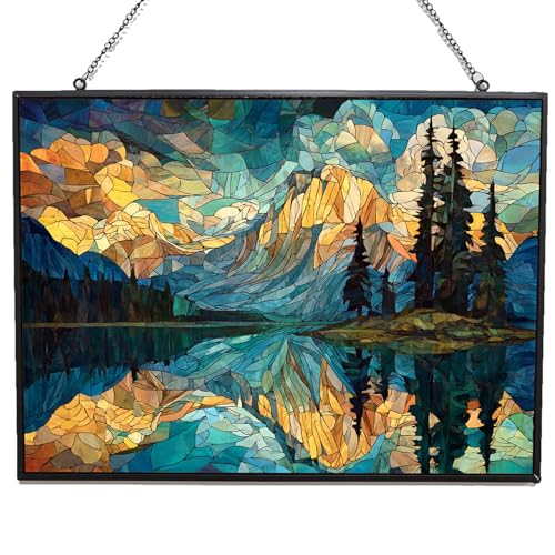 Rectangle Mosaic Mountain Reflection Lake Stained Glass Window Hanging