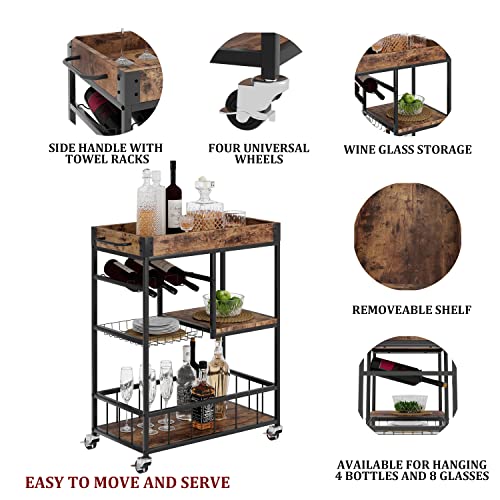 Bar Cart with Basket Wine Rack with Wheels Wood Metal Cart