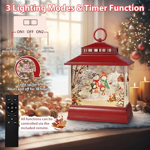 Christmas Snow Globe Lantern Water Glittering Lantern with 8 Songs & 6H Timer Romote Control Christmas Snow Globes USB & Battery Operated for Christmas Festival Decorations Gifts