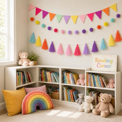9.8FT Rainbow Pom Pom Tassel Garland for Classroom Felt Candy Color (43 Count)