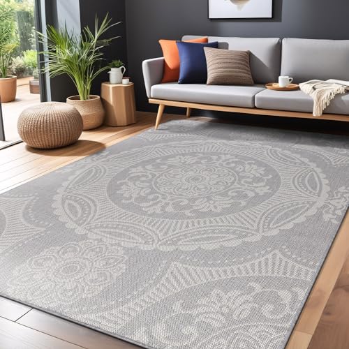 Medallion Outdoor Rug 9x12 Washable Outside Carpet for Indoor Patio Porch Waterproof Easy Cleaning Non Shedding Area Rugs Gray 9 x 12