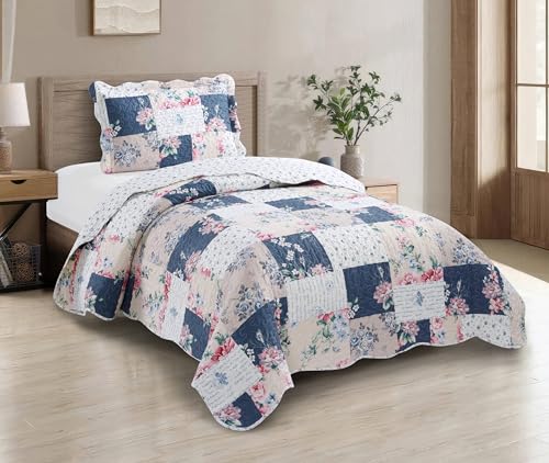 Pink Rose & Blue Toile Patchwork Quilt Set