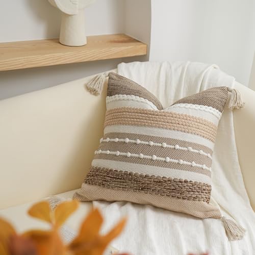 Brown Decorative Throw Pillow Cover 18x18 Square Boho Accent Pillowcase Tassels Farmhouse Cushion for Couch Sofa Bedroom Livingroom Home Décor Cover ONLY