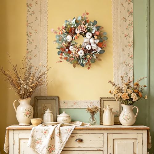24 Inch Farmhouse Fall Wreath for Front Door with White Pumpkin