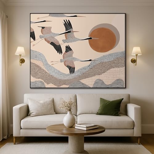 36"x46" Extra Large Framed Wall Art Flying Cranes Over Sunlit Hills Illustration for Home Living Room Bedroom Decor