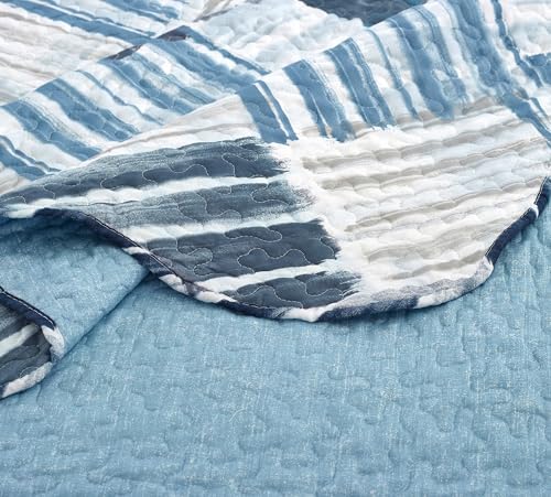 Blue Grey Stripes & Blocks Patchwork Quilt Set (2 Piece Set)