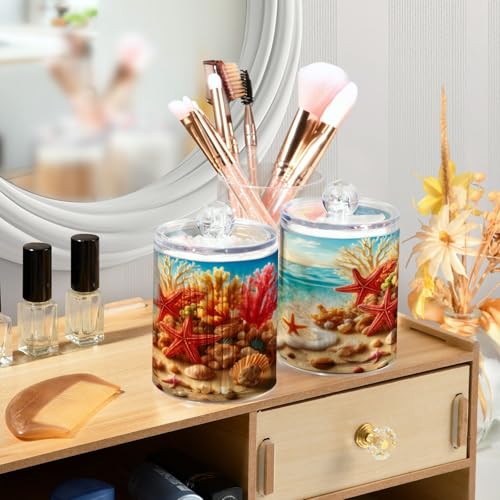 2 Pack Qtip Holder Organizer Dispenser Starfish Coral Seashell Summer Beach Bathroom Storage Canister Cotton Ball Holder Container for Cotton Pads (2 Count)