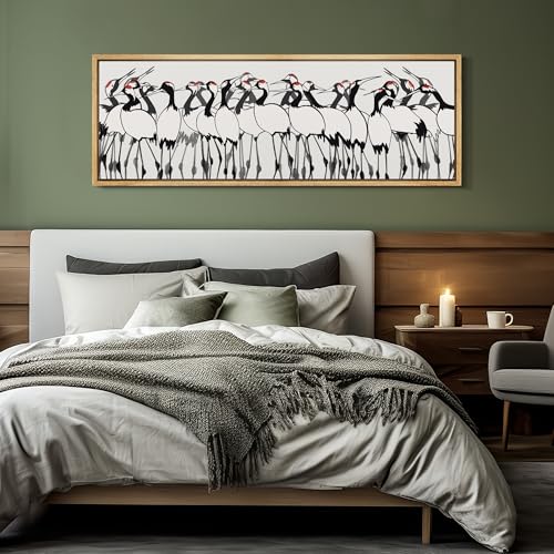 Large Framed Canvas Print Wall Art Minimalist Crane Flock Japanese Ink Style Bird Illustrations Decorative Colorful Multicolor for Bedroom