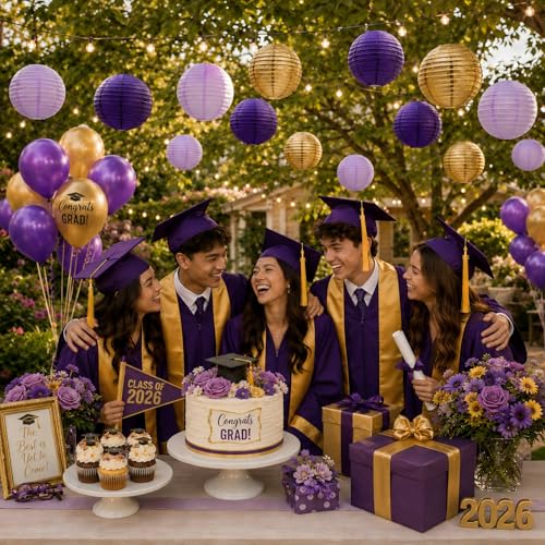 21 Pack Purple Gold Hanging Paper Lanterns Decorative (21 Count)