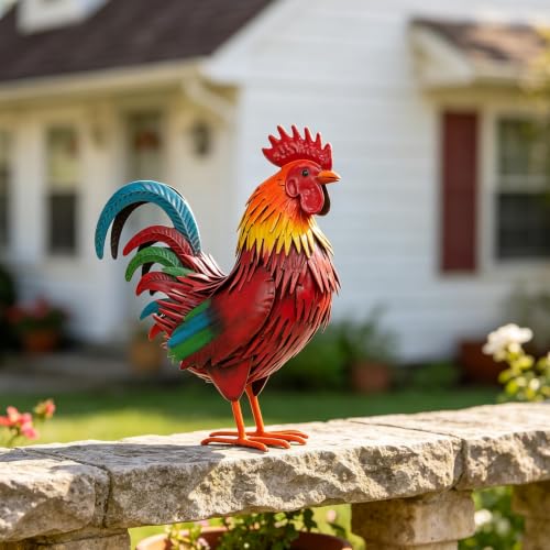 Rooster Garden Statue Sculpture Metal Chicken Yard Decor Outdoor Figurines Patio Backyard Decoration