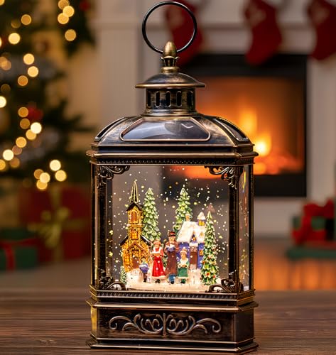 Christmas Snow Globe Lantern Water Glittering Town Home with Carolers