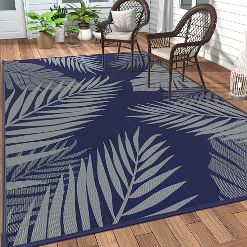 Outdoor Rug Waterproof Plastic Rugs 9'x18' for Camping Blue Grey