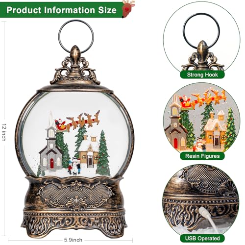 Christmas Snow Globes Lantern Snow Globe with Music Water Lantern Santa Flying Scene Elk Lighted Swirling Water Glitters Snowglobe Christmas Decoration
