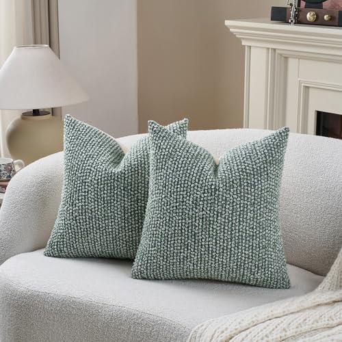 Striped Throw Pillow Covers 18x18 Set of 2 Green Textured Boucle Chic Morden Boho Accent Farmhouse Square Decorative Couch Pillow Covers for Home Decor Bed Sofa Living Room (2 Count)