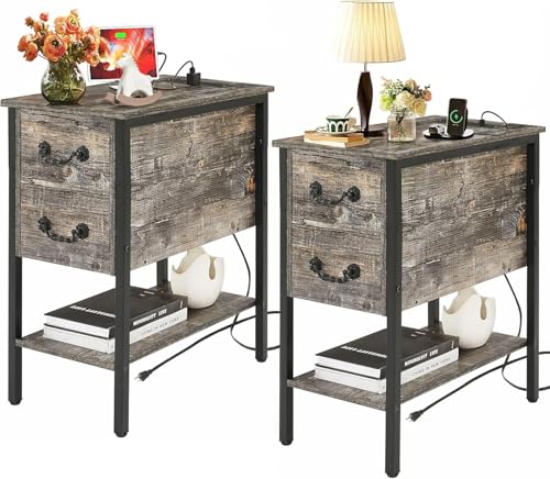 End Tables Narrow Nightstands with Charging Station & USB Ports &Drawers